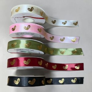 Cinta Satín 2,4cms Diseño Corazones Dorados Rollo 41 Mts.